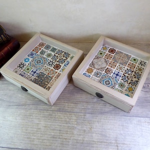 Par de tidies de escritorio de madera y azulejos reciclados / organización de oficina de escritorio / escritorio ordenado