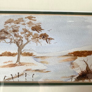 Vintage ingelijste Japanse stijl aquarel landschapsschilderij van bomen en rivier met walnoot lijst