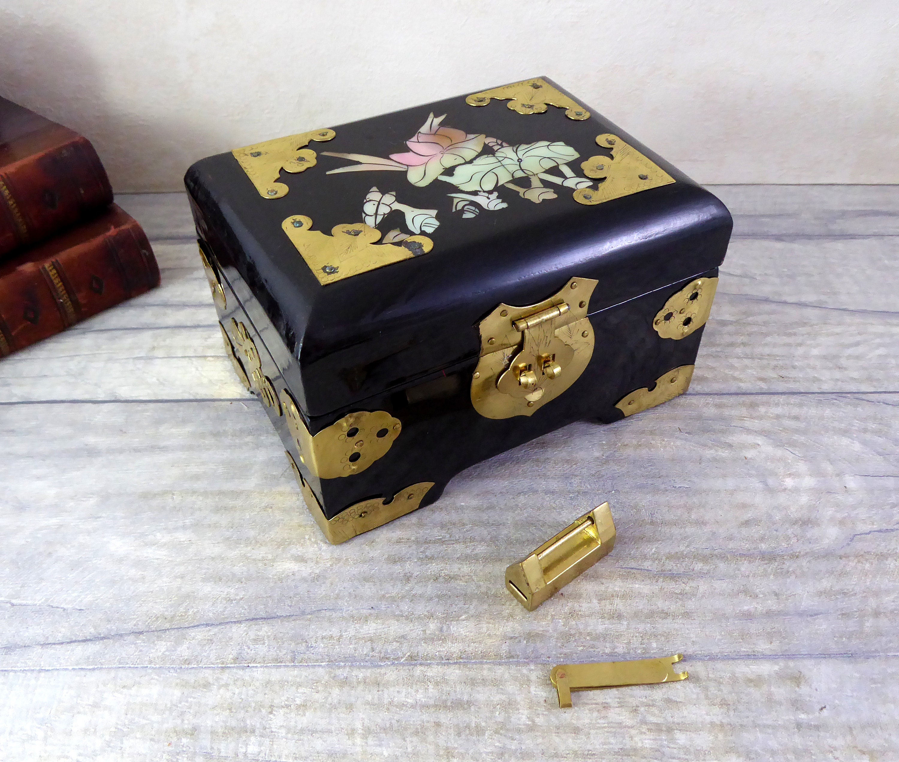 Chinese Black Lacquer Jewellery Box With Brass Mounts, Mother of