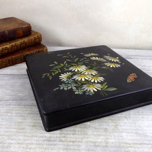 Antique Black lacquer Wood Handkerchief Box / Butterfly and Daises / Victorian keepsake box / storage box