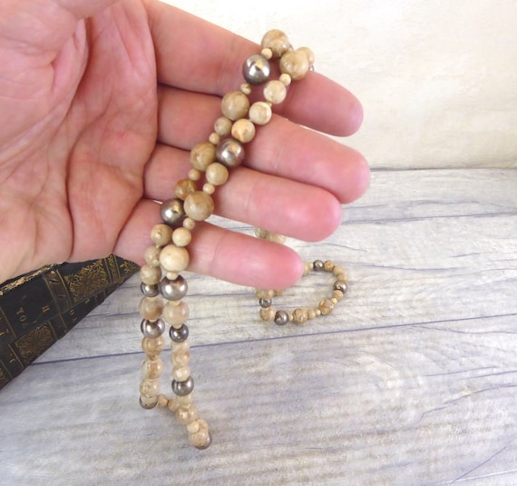 Vintage 1970s / 1980s Polished Stone Bead Long Necklace Statement 