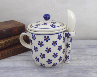 Wiza Ceramika Pottery of Poland Brewing Mug - all-in-one Tea Cup, Strainer and Spoon Set - Blue Flower Floral Pattern