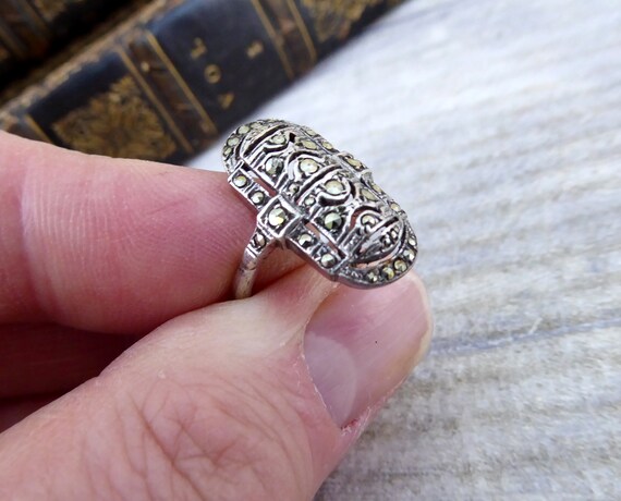 Bague Ancienne En Argent Massif 925 Avec Marcassite Ovale Grise - Taille 52, Occasion Excellent état