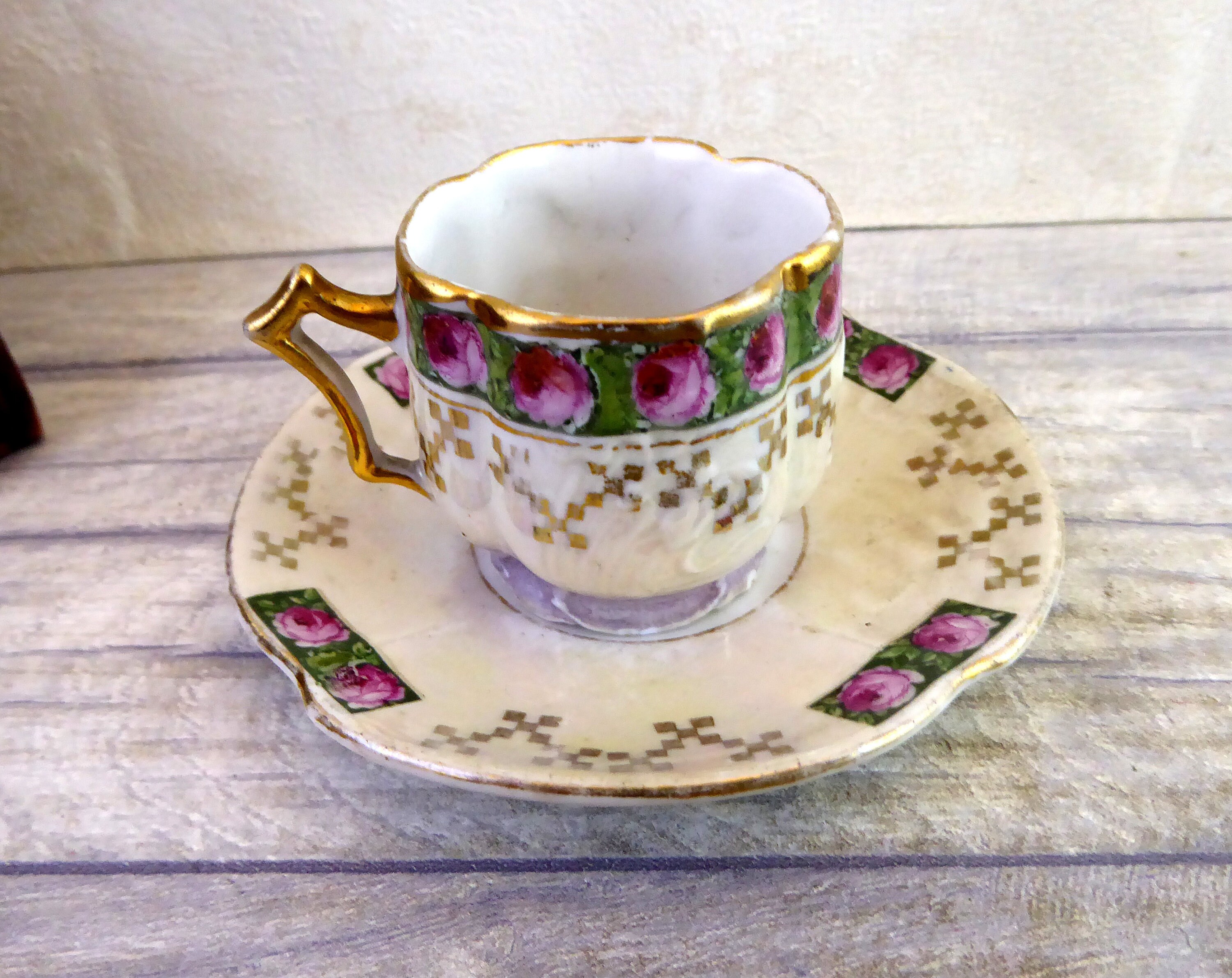 Edwardian Pearled China Rose Little Cup and Saucer Antique Miniature