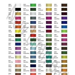 Pu&ograve; includere: Una tabella colori intitolata "Thread Colors" su sfondo bianco. La tabella mostra una griglia di campioni di colore, ciascuno etichettato con un numero e un nome di colore, tra cui sfumature di rosa, blu, verde e marrone. Il testo &egrave; in un font semplice e chiaro.