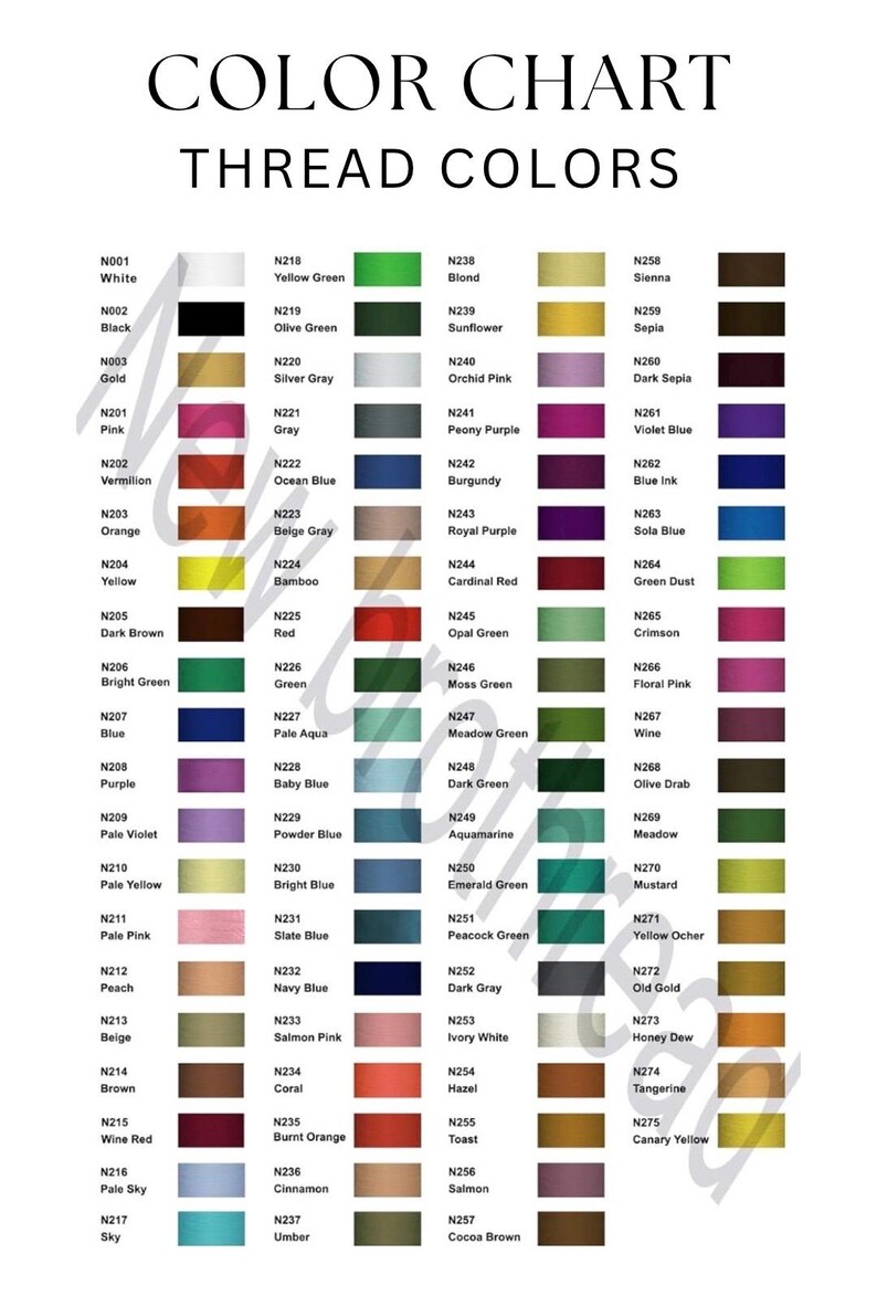 Pu&ograve; includere: Una tabella colori intitolata "Thread Colors" su sfondo bianco. La tabella mostra una griglia di campioni di colore, ciascuno etichettato con un numero e un nome di colore, tra cui sfumature di rosa, blu, verde e marrone. Il testo &egrave; in un font semplice e chiaro.