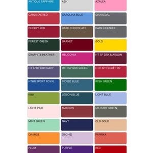 Pu&ograve; includere: Tabella dei colori per felpe con cappuccio, con una variet&agrave; di colori. La tabella include campioni di colore con nomi come "Bianco", "Nero", "Zaffiro Antico", "Rosso Cardinale" e "Blu Carolina". Il testo "COLOR CHART HOODIES" &egrave; in alto.