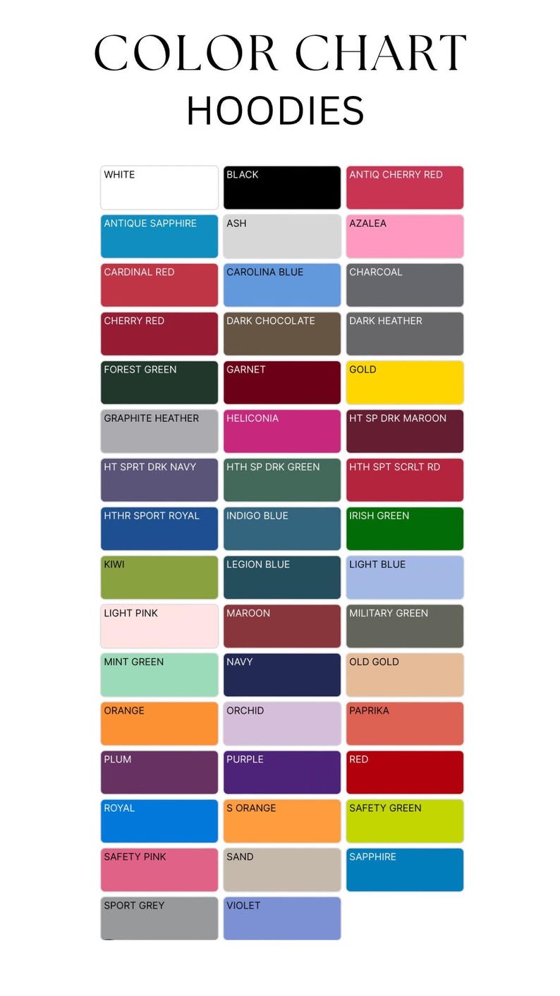 Pu&ograve; includere: Tabella dei colori per felpe con cappuccio, con una variet&agrave; di colori. La tabella include campioni di colore con nomi come "Bianco", "Nero", "Zaffiro Antico", "Rosso Cardinale" e "Blu Carolina". Il testo "COLOR CHART HOODIES" &egrave; in alto.