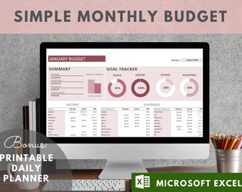 Simple Monthly Budget Excel Template-Beginner Budget Planner-Personal Budget-Money Management-Income, Daily Planner Bonus