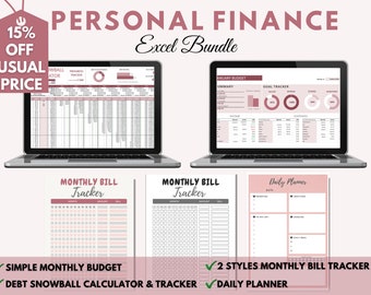 PERSÖNLICHE FINANZEN Excel-Bundle, einfaches monatliches Budget, Schuld-Schneeball-Rechner, Schuld-Tracker, täglicher Planer, monatlicher Bill-Tracker