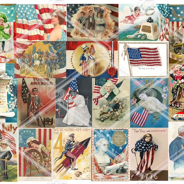 Vintage Style Patriotic Americana Flag Printable Clipart - Immediate download 20 images,Size: 14cm*10cm  5.5"*3.9" inches