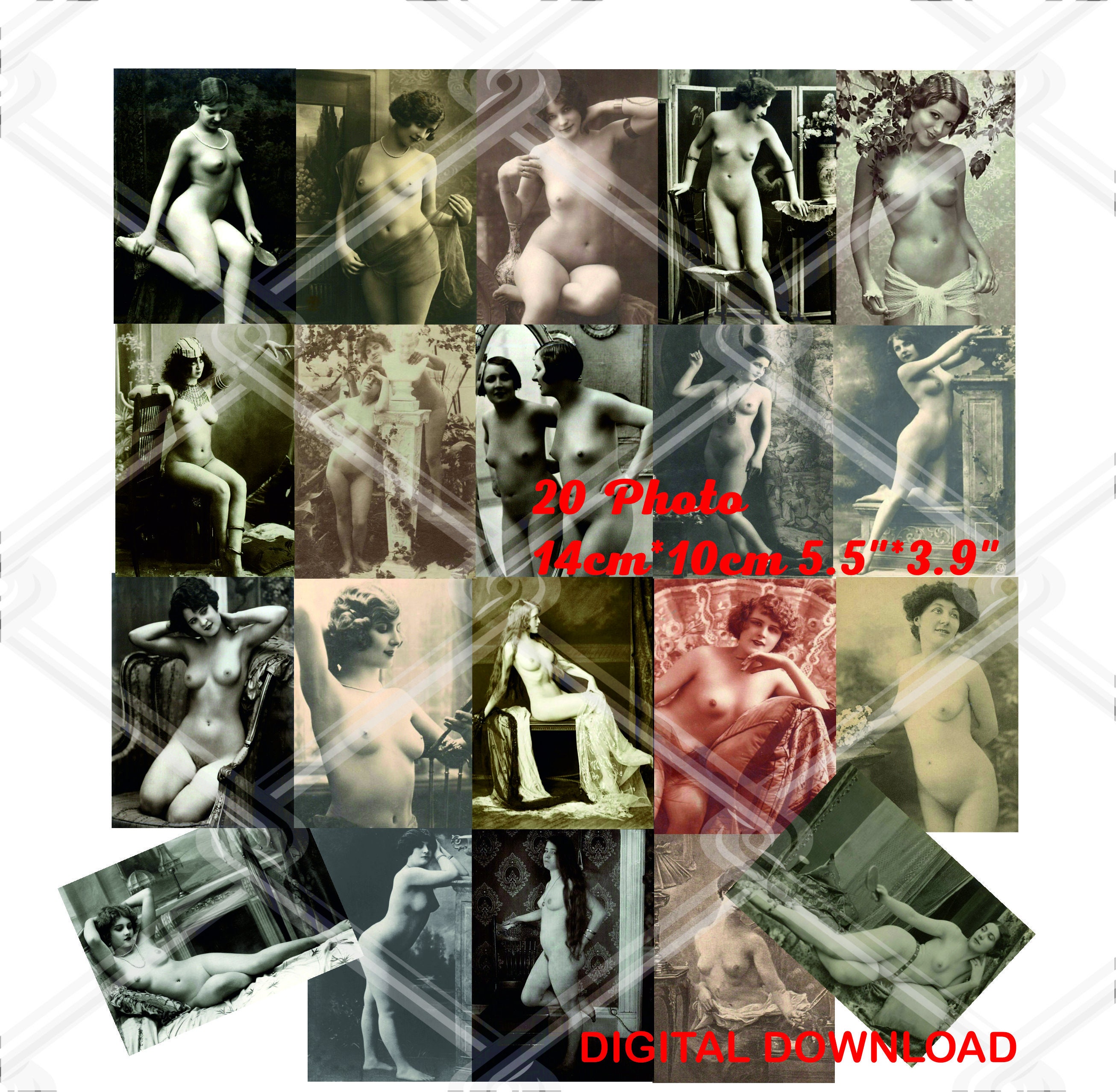 NUDE photo Pack,20 Female vintage photos.Retro erotic Photography. Printable naked woman pics set.Digital Download Size:14cm*10cm  5.5"*3.9"
