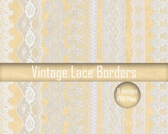 Digitale Spitzen - Bordüren - 8 weiße Spitzen, digitale Bordüren, bedruckbarer Sofortdownload, Hochzeit ClipArt.