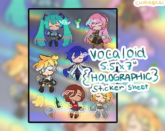 Folha de adesivos holográficos Vocaloid 5,5"x7" | Hatsune Miku, Kagamine Rin, Len, Megurine Luka, KAITO, MEIKO