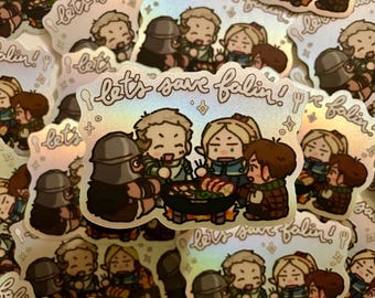 May include: A set of five iridescent stickers featuring cartoon characters with the text "Let's save fallin!" The characters are a knight, a wizard, a warrior, a princess, and a mage. The stickers are perfect for adding a touch of whimsy to laptops, water bottles, or journals.