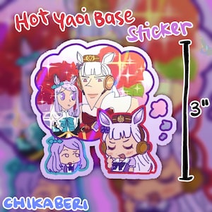 Könnte beinhalten: Ein gestanzter Aufkleber mit Anime-Charakteren mit Hasenohren und Kopfhörern. Der Aufkleber ist etwa 7,6 cm hoch. Der Text "Hot Yaoi Base Sticker" und "Chikaberi" sind sichtbar.