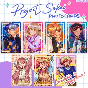 May include: A collection of Project Sekai photo cards featuring colorful anime-style illustrations of various characters. The cards are rectangular with white borders and include text such as "Project Sekai PHOTO CARDS" and character names. Available in glossy/holo.