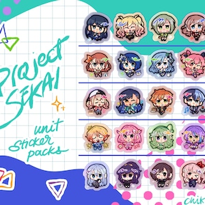 May include: A collection of anime-style character stickers. The stickers are arranged on a grid, each depicting a different character with unique hairstyles and outfits. The text "Project Sekai unit sticker packs" is displayed on the sheet.