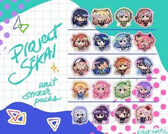Peut inclure: Feuille d'autocollants colorés avec des personnages de style anime. Les autocollants sont disposés en rangées et en colonnes, chaque personnage ayant une coiffure et une tenue uniques. Le texte "Project Sekai unit sticker packs" est également visible.
