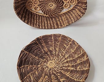 Vtg Native American Handmade Pine Needle & Raffia Woven Tray Lot Of 2