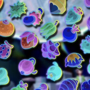 May include: A collection of colorful, glowing, abstract shapes in shades of orange, green, blue, and purple. The shapes appear to be floating against a dark, blurred background, creating a whimsical and otherworldly feel.