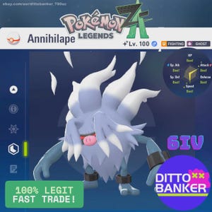 May include: A digital illustration of the Pokémon Annihilape from the Legends series. The character is primarily light blue with white accents, a pink mouth, and black wristbands. The image includes text such as "Lv. 100", "Fighting", and "Ghost".