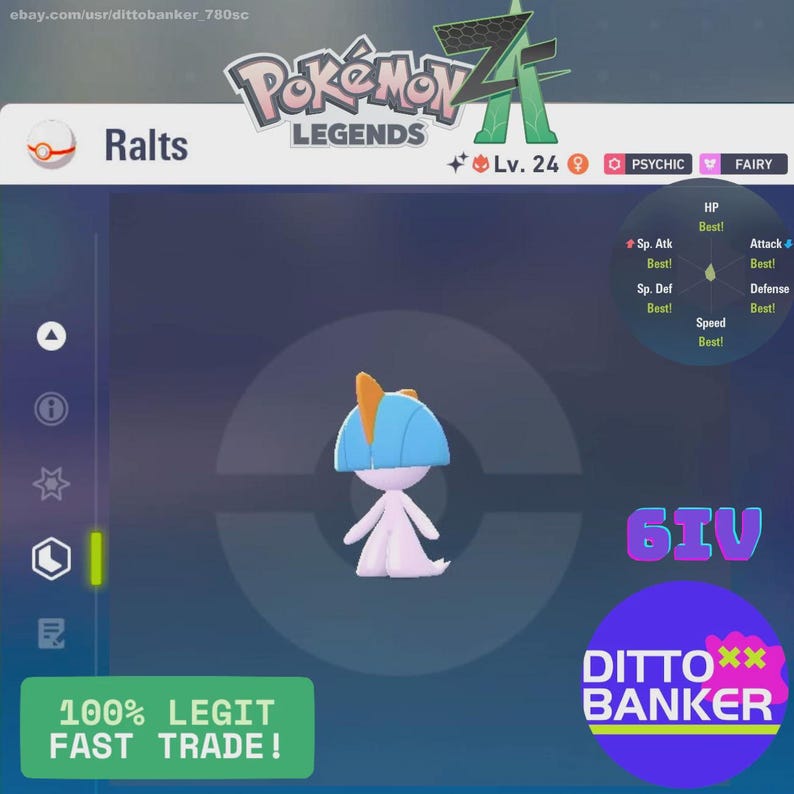 Legends Z-A Shiny RALTS Alpha Lv.24 Modest 6IV Max EV Fast Trade W ...