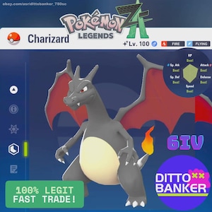 May include: A digital illustration of Charizard from Pokémon Legends. The image features a gray Charizard with red wings, a fiery tail, and the text "Charizard" and "Pokémon Legends." Additional text includes "Lv. 100," "Fire," and "Flying."