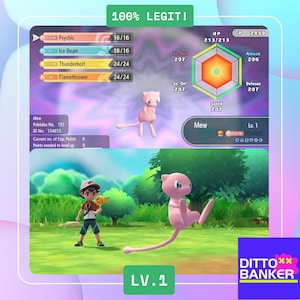 Könnte beinhalten: Digitale Illustration mit dem rosa Charakter Mew aus dem Pokémon-Franchise. Das Bild enthält Spielstatistiken, den Text "100% LEGIT!" und "LV.1". Eine Zeichentrickfigur ist ebenfalls vorhanden, die ein gelbes Pokémon hält.