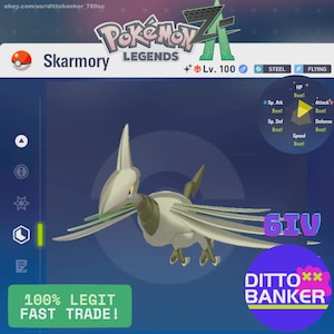 May include: A digital illustration of a Skarmory Pokémon from the Legends series. The image features a white and gray bird-like creature with green accents, labeled as Steel and Flying type. Text includes "100% Legit Fast Trade!" and "Ditto Banker."
