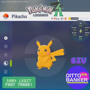May include: A digital graphic featuring Pikachu from Pokémon Legends. The image includes the text "Pikachu", "Lv. 41", and "ELECTRIC". Additional text reads "100% LEGIT FAST TRADE!" and "DITTO BANKER". The background is a gradient of blue and purple.