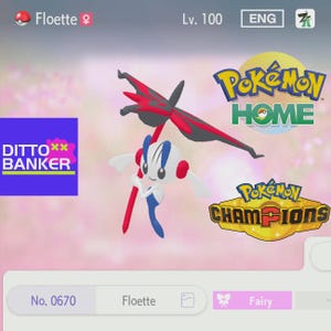 以下が含まれることがあります： レベル100のポケモン、フラエッテのデジタル表示。白い体に青いアクセントと赤い耳のような構造を持ち、赤と黒の花を持っている。テキストには、フラエッテ、ENG、Pokemon HOME、DITTO BANKER、Pokemon CHAMPIONSが含まれている。