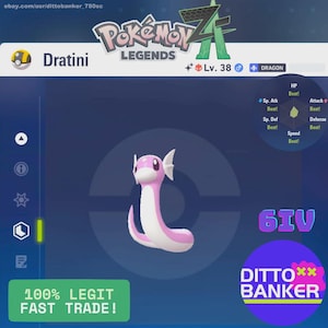 May include: A digital image featuring a Dratini character from Pokémon Legends. The character is primarily pink and white, with a serpentine body and fin-like features. The image includes text that reads "100% LEGIT FAST TRADE!" and "DITTO BANKER".