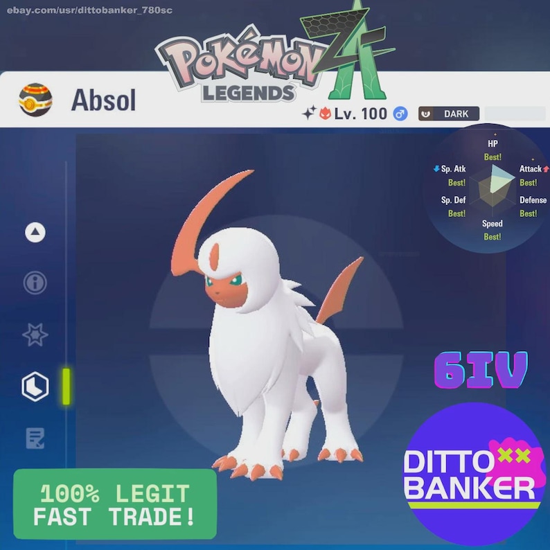 Legends Z-A Shiny Alpha ABSOL Lv.100 Adamant 6IV Max EV Fast Trade W ...