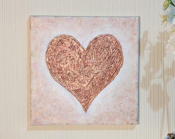 Dipinto a forma di cuore in oro rosa. Pittura strutturata 3D. Arte originale. Piccolo dipinto acrilico metallico su tela tesa UK. Arte amore/anniversario