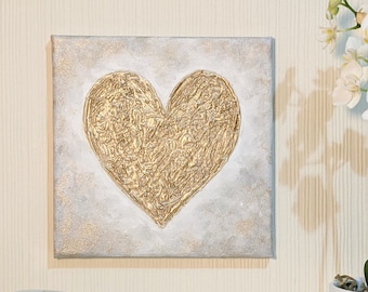 Dipinto a forma di cuore dorato. Dipinto con texture 3D. Arte originale. Piccolo dipinto acrilico metallico su tela tesa UK. Arte di amore/anniversario