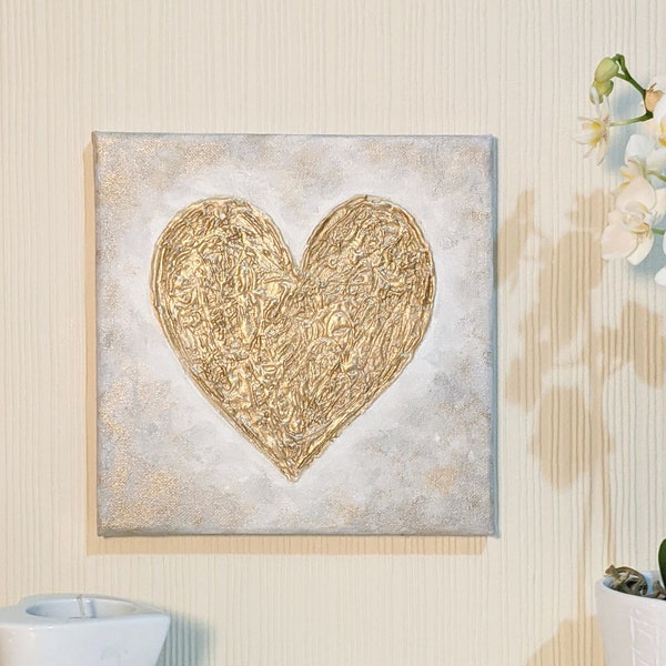 Gold heart painting. 3D textured painting. Original art. Small acrylic metallic painting on stretched canvas UK. Love / anniversary art