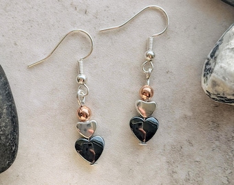 Hematite, Silver & Rose Gold Heart Earrings. Simple, elegant handmade gemstone jewellery UK. Hypoallergenic. Gift for her, gift yourself