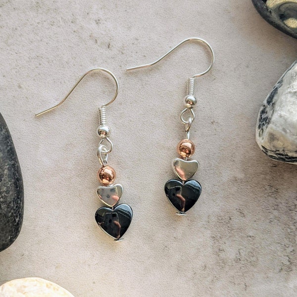 Hematite, Silver & Rose Gold Heart Earrings. Simple, elegant handmade gemstone jewellery UK. Hypoallergenic. Gift for her, gift yourself