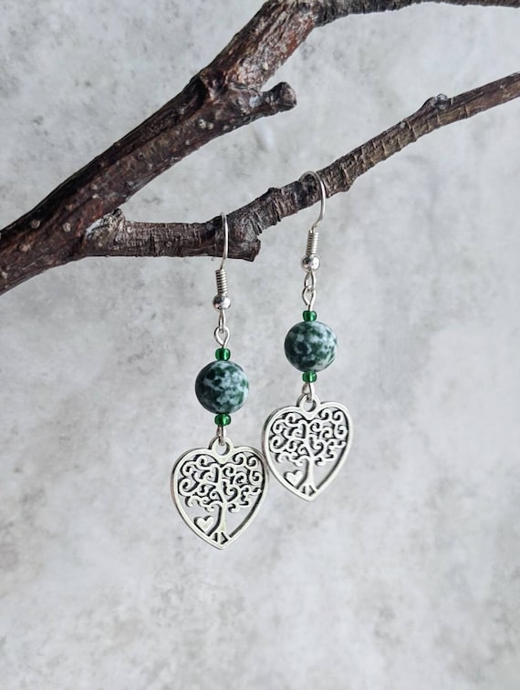 Tree agate & silver tree of life heart earrings. Pretty green handmade crystal gemstone jewellery UK. Hippie, boho, wicca. Hypoallergenic