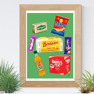 Impression d'art de collations irlandaises | Impression d'art de cuisine irlandaise | Impression Tayto | Impression Barry's Tea | Impression d'art Irlande | Impression d'art irlandaise | Cadeau irlandais | Saint-Pat