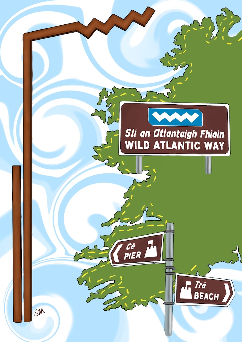 May include: Illustration of a brown signpost with the text "Wild Atlantic Way" and directional signs for "Pier" and "Beach". The background features a map of Ireland and a blue and white swirling pattern.