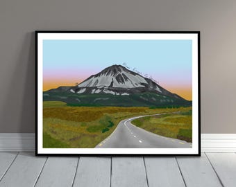 May include: A framed digital art print depicting a mountain landscape with a winding gray road in the foreground, green and brown fields, and a sunset sky. The mountain features dark gray and white tones with the text Mount Errigal Co Donegal.