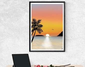 Sunset Art Print | Beach Art Print l Sunset on beach Print | Island Art Print