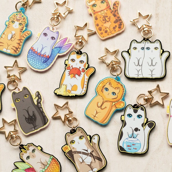 Zodiac sign cats, acrylic keychains, aquarius, libra, cancer, virgo, scorpio, gemini, pisces, taurus, capricorn, aries, sagittarius, leo