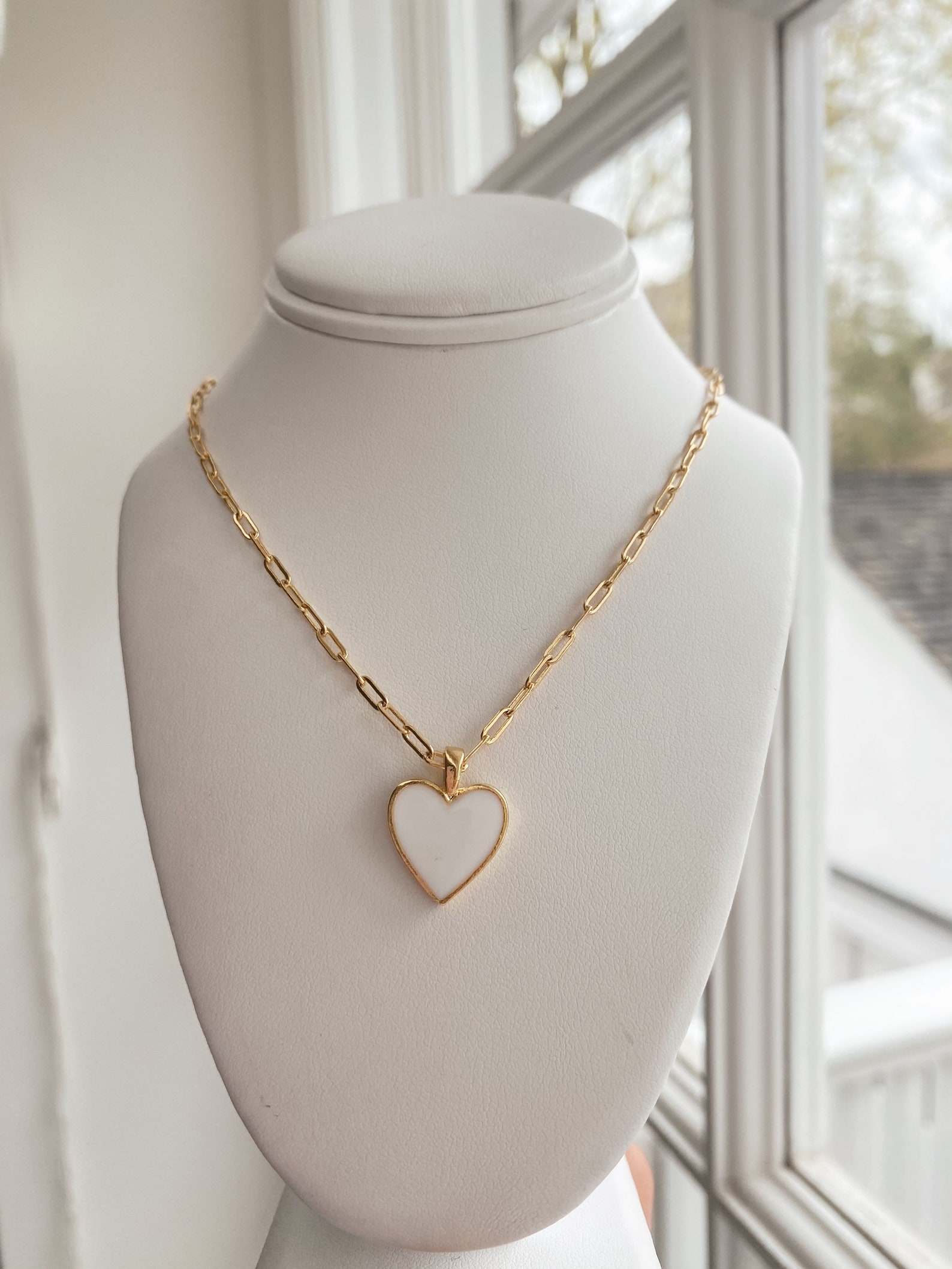 White heart chain necklace gold plated Etsy