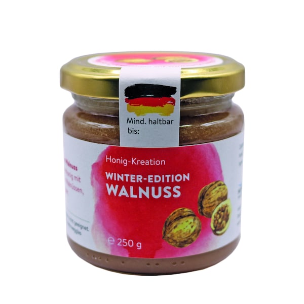 Winteredition Walnuss 250g, Winterhonig, Weihnachtshonig, mit französischen Walnüssen, Zimt und Ingwer