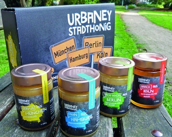 Miel de ciudad Urbaney, juego de 4 unidades en una elegante caja de miel de ciudad, miel alemana, cruda, natural, regalo.