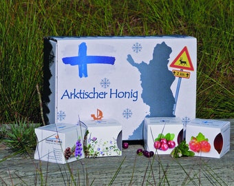 Arktischer Honig 4er Set im edlen nordischen Kartondesign, Honig vom Polarkreis, finnischer Honig, Roh, Natur, Geschenk.