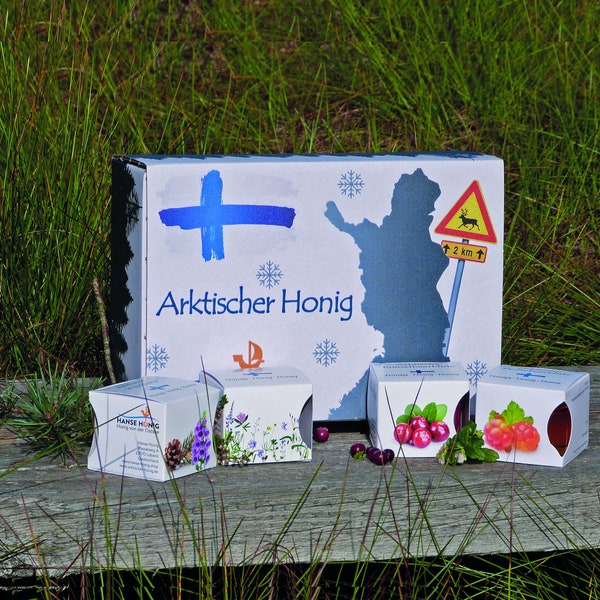 Arctic honey set of 4 in an elegant Nordic cardboard design, honey from the Arctic Circle, Finnish honey, raw, natural, gift.